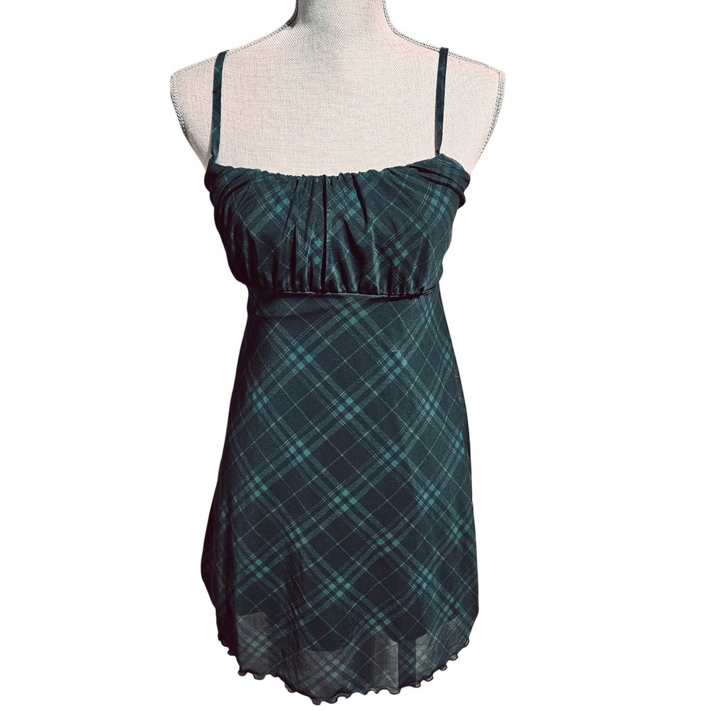 Hollister Green Plaid Mesh Mini Dress XS Y2K Grunge Dark Academia Preppy School‎